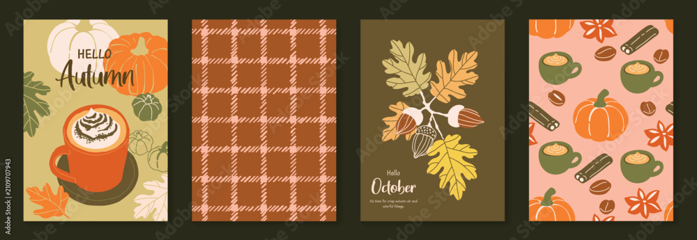 Obraz premium Autumn poster templates and patterns vector set. Seasonal fall illustrations with leaves, pumpkin, flowers and botanical elements for greeting card, cover, print, wall art and background.