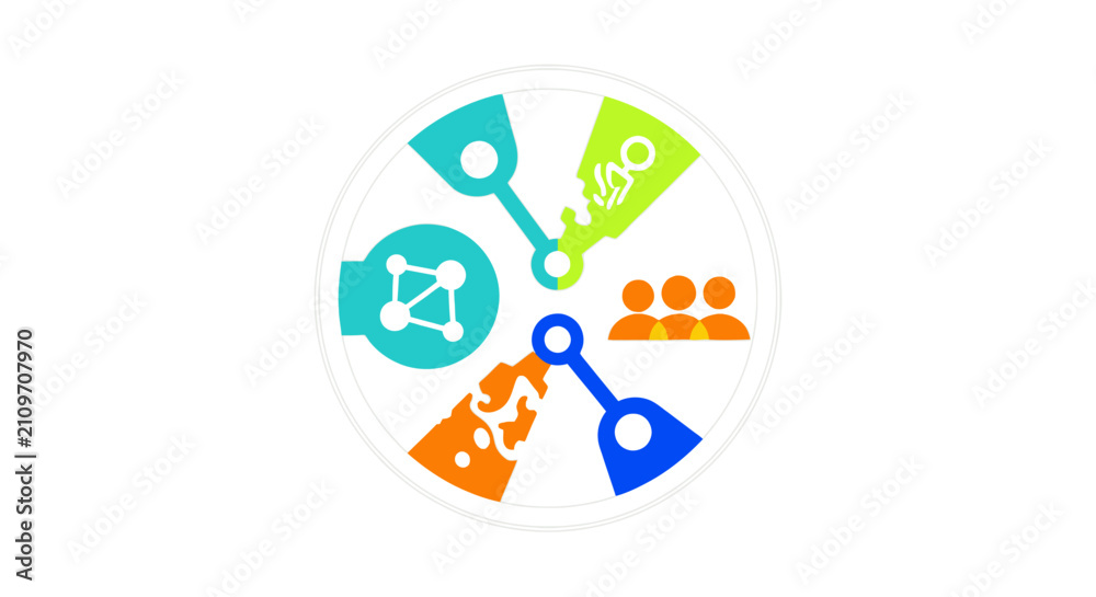 Fototapeta premium Abstract circular infographic design with icons representing diverse business and technology concepts.