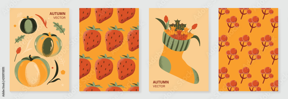 Obraz premium Autumn poster templates and patterns vector set. Seasonal fall illustrations with leaves, pumpkin, flowers and botanical elements for greeting card, cover, print, wall art and background.