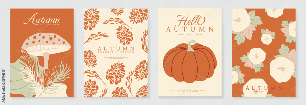 Obraz premium Autumn poster templates and patterns vector set. Seasonal fall illustrations with leaves, pumpkin, flowers and botanical elements for greeting card, cover, print, wall art and background.