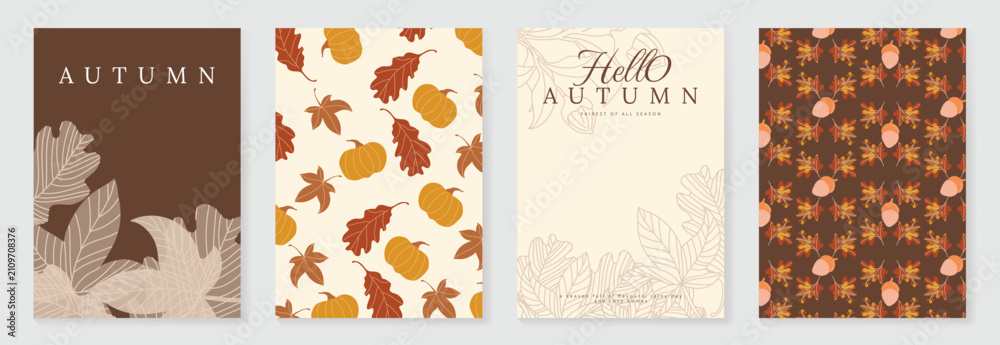 Obraz premium Autumn poster templates and patterns vector set. Seasonal fall illustrations with leaves, pumpkin, flowers and botanical elements for greeting card, cover, print, wall art and background.