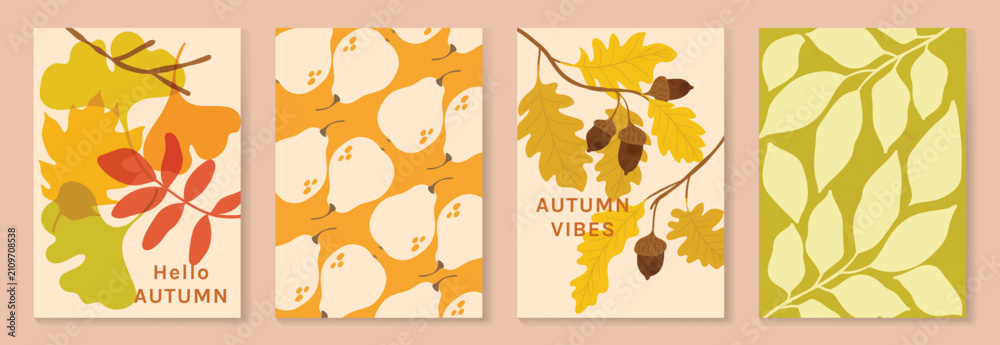 Obraz premium Autumn poster templates and patterns vector set. Seasonal fall illustrations with leaves, pumpkin, flowers and botanical elements for greeting card, cover, print, wall art and background.