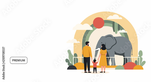 Family observing an elephant at the zoo.