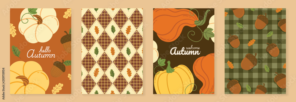 Obraz premium Autumn poster templates and patterns vector set. Seasonal fall illustrations with leaves, pumpkin, flowers and botanical elements for greeting card, cover, print, wall art and background.