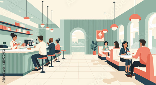 People dining and socializing in a modern cafe.