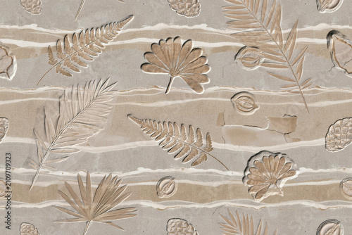 Seamless background, texture featuring embossed, tropical leaves, ferns, and pine cones, on a layered, beige paper surface, with horizontal striped lines