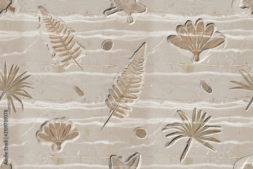 Seamless background, texture featuring embossed, tropical fern and, palm leaf silhouettes, on a light, beige stone surface, with horizontal lines