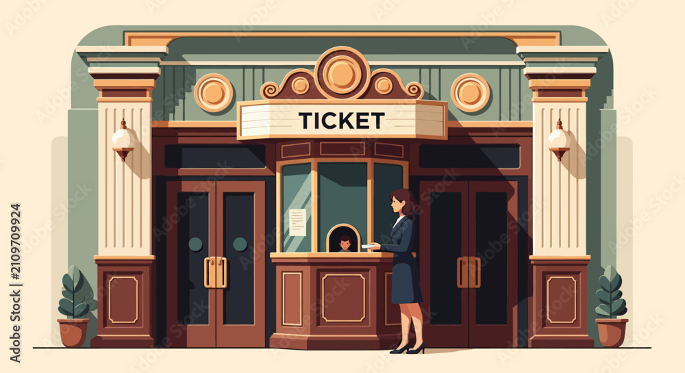 Fototapeta premium Woman buying ticket at vintage theater box office.
