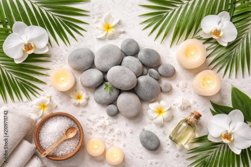 Photography Spa Still Life Arrangement with Smooth Stones Candles and Tropical Flowers