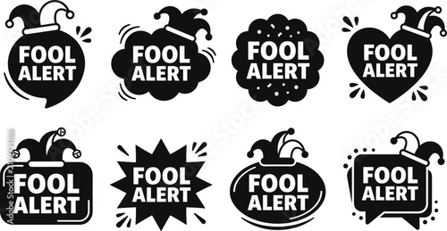 Fotografie Set of eight black and white fool alert with jester hats and various speech bubb