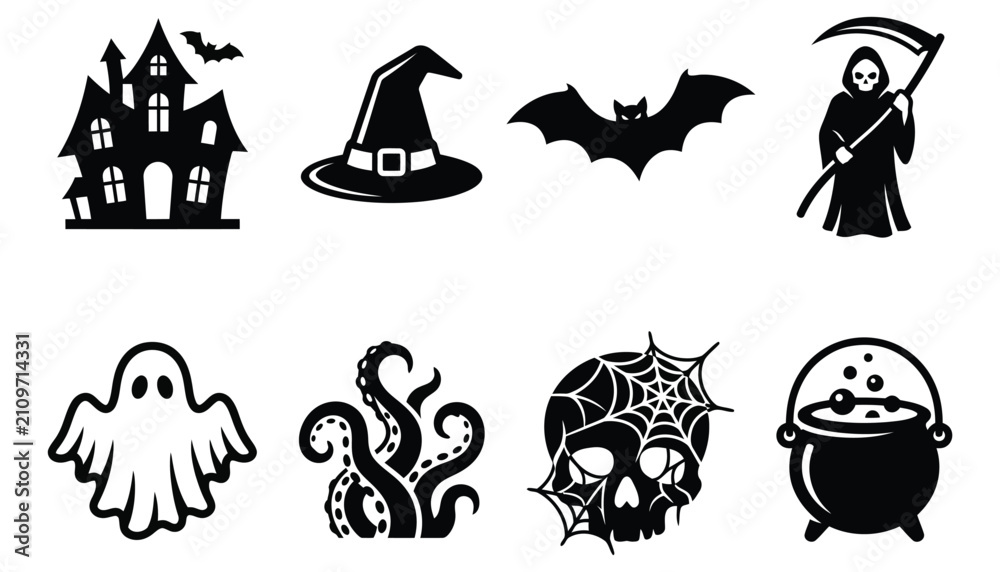 Fototapeta premium Set of halloween icons, vector illustrations of haunted house, witch hat, bat, grim reaper, ghost, octopus tentacles, skull with spider web and cauldron