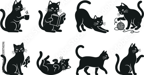 Foto Set of eight black silhouettes of domestic cats engaged in various daily activit