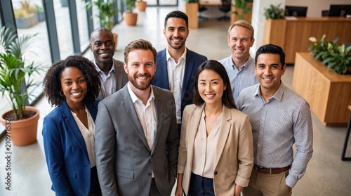 Large multiethnic business group standing in bright office smiling looking at camera top view portrait for teamwork human resources recruitment banner
