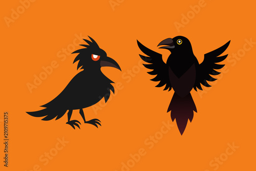 Two cartoon crows, one standing with ruffled feathers and one flying with wings spread, vector illustration set on an orange background