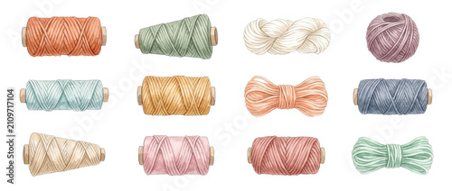 Watercolor sewing thread yarn spools set with colorful skeins, embroidery floss, and knitting wool balls isolated on black background for handicraft, DIY crafting projects, and needlework designs.