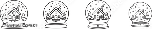 House snow globe vector icon set with winter home, Christmas decoration, holiday and festive symbols.