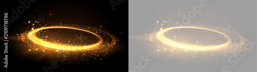 Golden neon ring with glowing light particles. Abstract circular frame with sparkles on black and transparent background