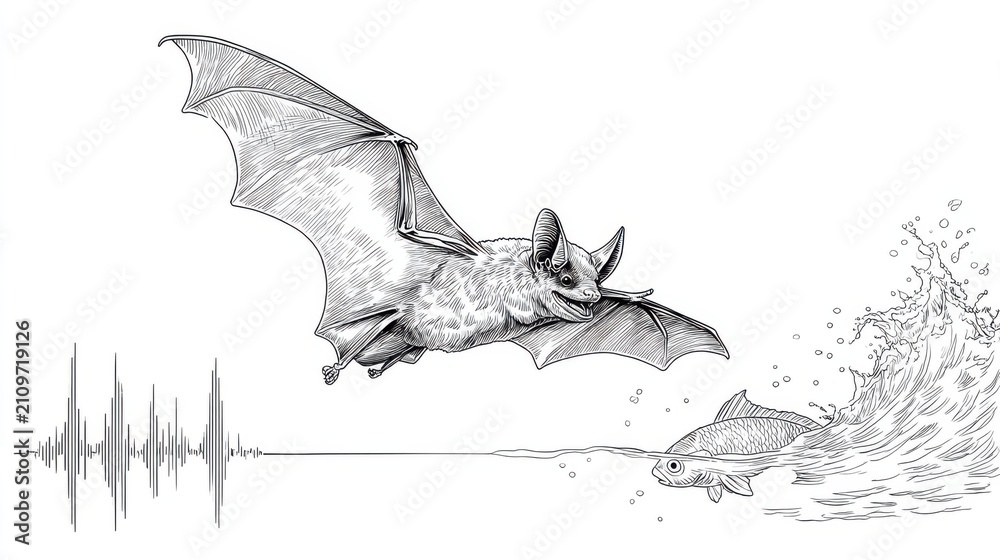 Fototapeta premium Bat in Flight Above Water with Fish Splashing and Sound Wave