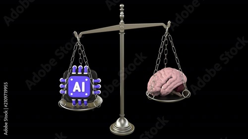 Artificial intelligence chip vs human brain scale – 3d render looped with alpha channel.