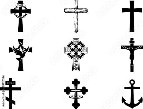 Collection of various religious crosses designs in black and white
