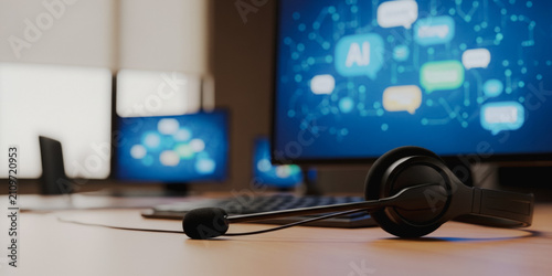 Headset with microphone on desk with AI network interface