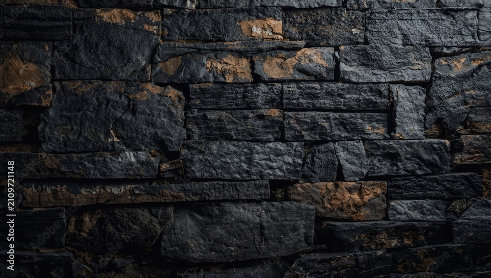 Fototapeta premium Textured Black Stone Wall with Golden Accents in Low Light