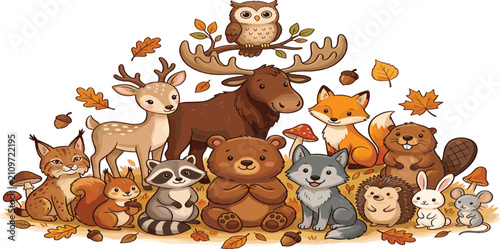 Cute cartoon woodland forest animals collection featuring bear moose fox deer wolf owl and raccoon vector illustration set