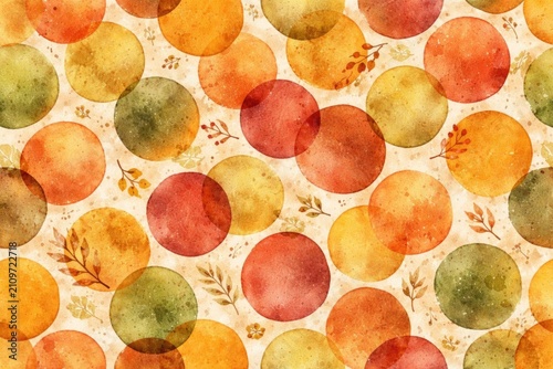 Colorful Watercolor Circles Pattern with Floral Elements in Warm Tones