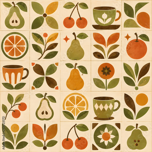 Vintage kitchen fruit tile seamless pattern with retro food icons