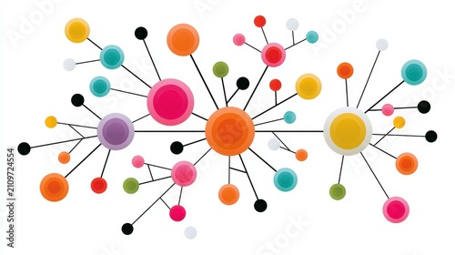 A creative mind map chart clipart, brainstorming process element, colorful connected nodes, flat design, isolated on white background. 