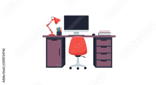 Modern office desk setup with computer and red chair