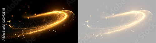 Swirling golden light vortex with sparkling dust. Abstract circular motion effect on black and transparent background
