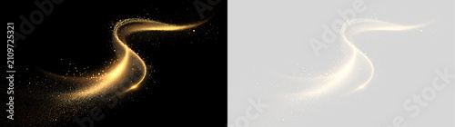 S-shaped golden light trail with sparkling dust. Abstract flowing wave effect on black and transparent background