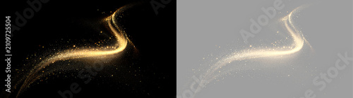 Flowing golden glitter wave on black and transparent background. Abstract light trail design element