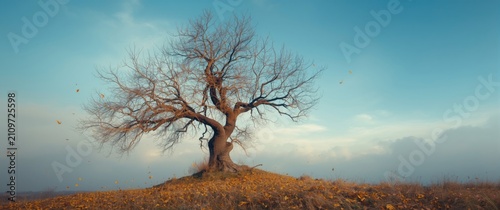 Foto Lonely Bare Tree on a Hilltop Under a Blue Sky with wispy Clouds