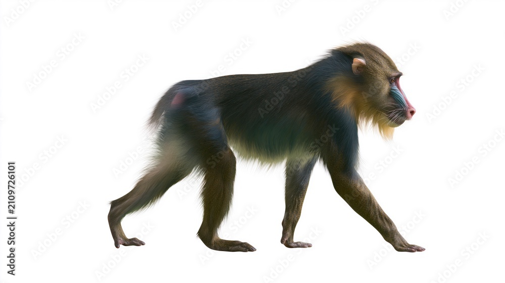 Fototapeta premium Full body profile of a mandrill monkey walking isolated on a white background