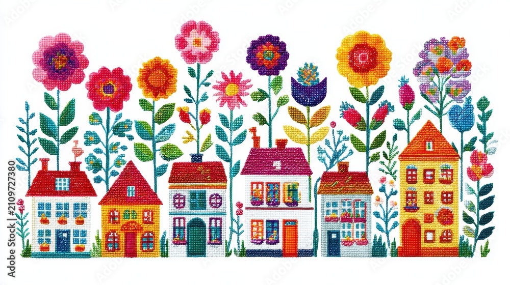 Naklejka premium Colorful Embroidered Folk Houses With Blooming Flowers On White Background Illustration
