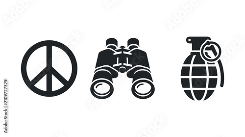 Cuadro en lienzo Peace Sign Binoculars and Grenade Icon Set