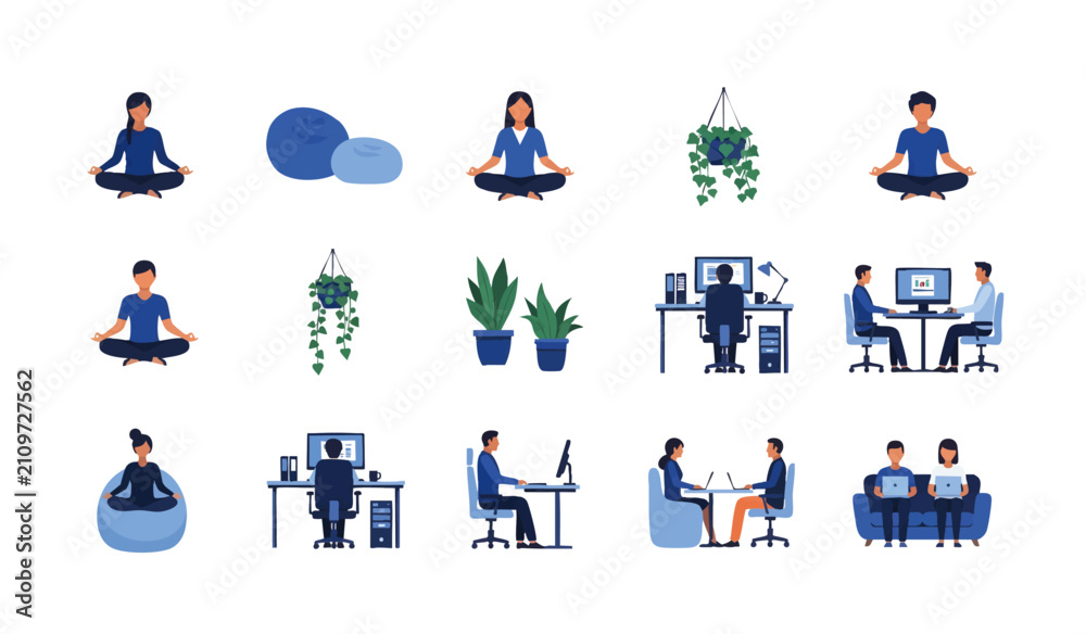 Fototapeta premium Colorful flat design vector illustrations of diverse people engaging in wellness activities with vibrant icons, concept for mental health awareness, corporate wellness programs, and educational