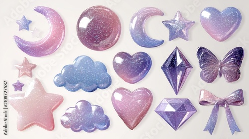 Glossy Pastel Kawaii Decorative Icons Collection With Hearts Stars Clouds And Butterflies