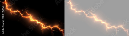 Bright golden lightning bolt isolated on black and transparent background. Electric discharge