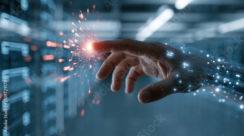 Artificial intelligence powered fintech automation machine learning fraud detection digital transformation focus on innovation ecosystem theme futuristic Manipulation AI data center backdrop. 