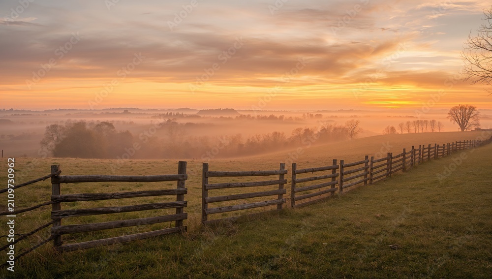 Fototapeta premium Misty Sunrise Over Rolling Hills with Wooden Fence in Soft Light