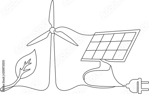 Renewable energy sources illustration with wind and solar