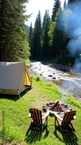 Tent and campfire by a river in the forest, peaceful outdoor camping scenery.