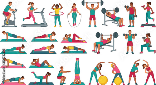 Obraz na płótnie Fitness and Gym Workout Vector Character Set with People Training on Treadmill,