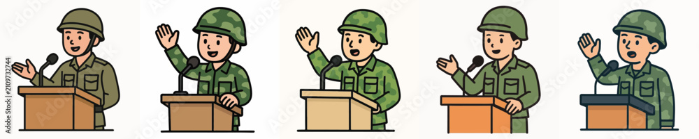 Obraz premium Set of vector illustrations of a soldier giving a speech