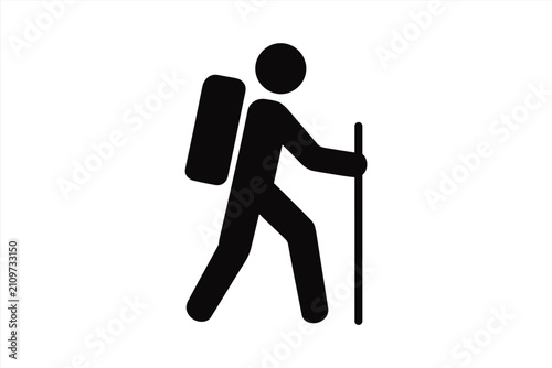 Hiker icon, person with backpack and walking stick, hiking and trekking symbol