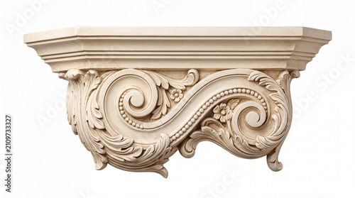 Ornate decorative wooden wall corbel featuring intricate floral carvings and classic scrolls on white background
