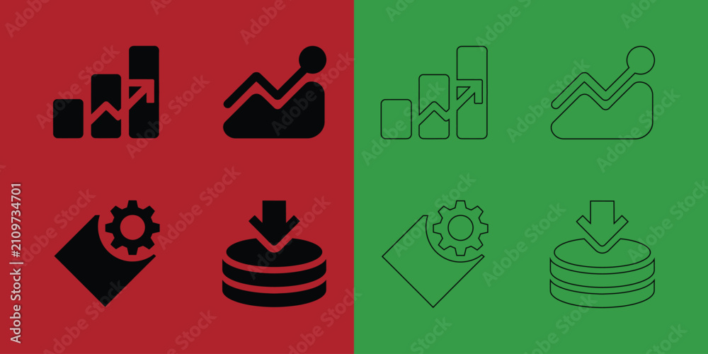 Fototapeta premium Data analysis and financial growth set featuring bar charts, line graphs, gears, and stacks of coins with arrows
